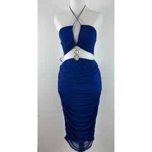 Blanc Clothing Royal Blue Mesh Halter Cutout Midi Dress Ruched Bodycon